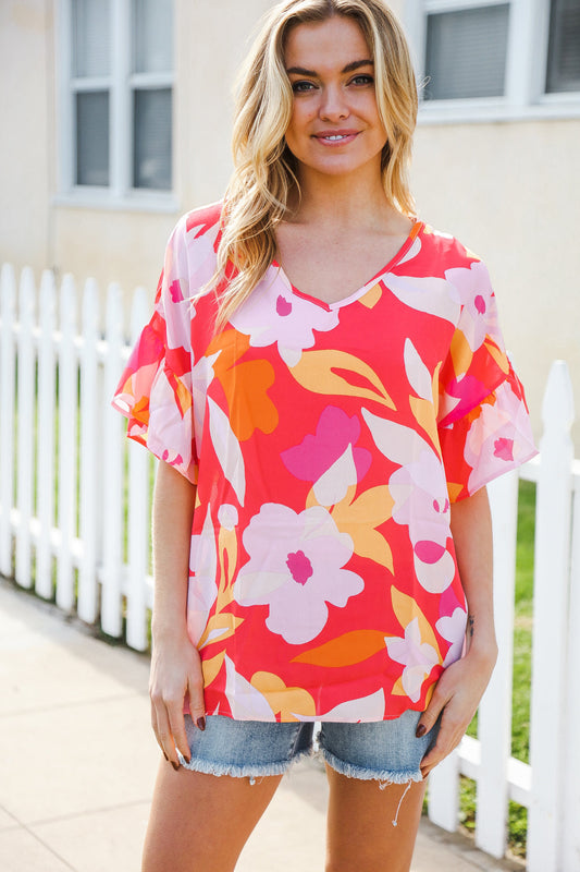 Tropical Vibes Peach Floral Dolman Ruffle Frill Sleeve Blouse