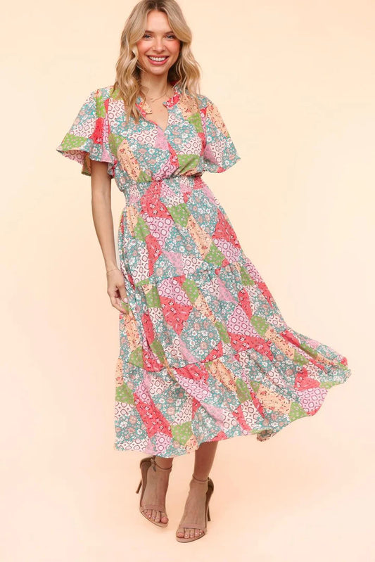 Perfect Patchwork Coral/Aqua Bohemian Maxi Dress W/ Smocked Waist