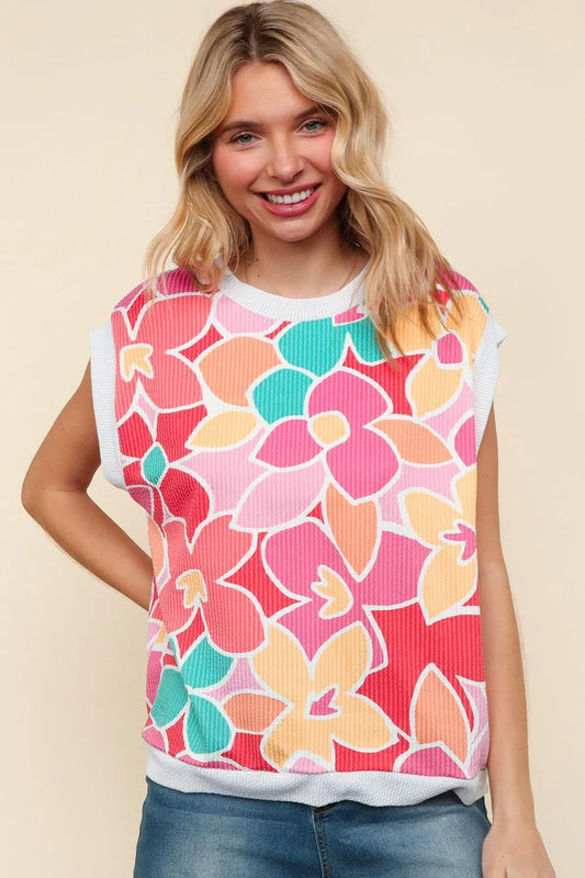 Beautiful You Pink Multicolor Floral Rib Dolman Sleeve Top