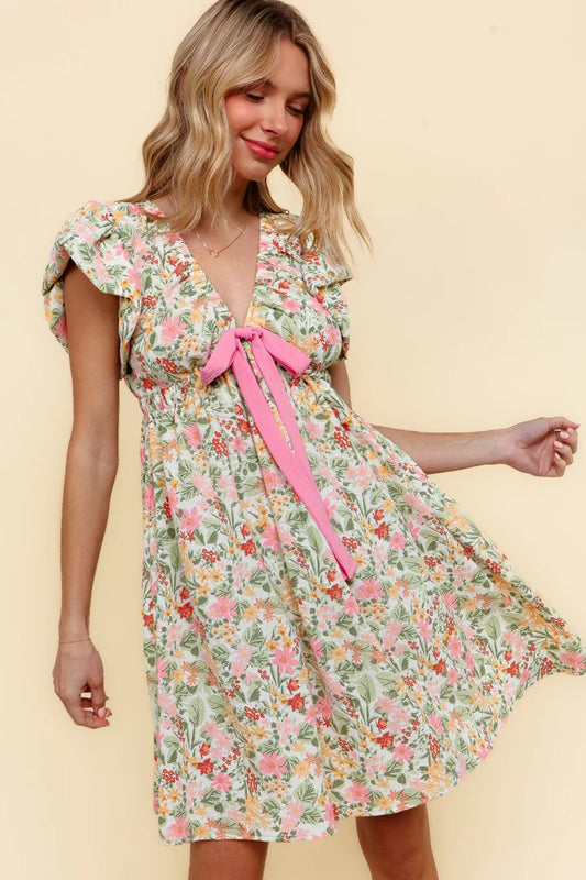 FLORAL GATHERED BAND V NECK BABYDOLL WOVEN DRESS